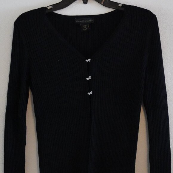 House of Harlow 1960, Rhinestone Bow Buttons Ribbed Cardigan Sweater, Black - Picture 3 of 7